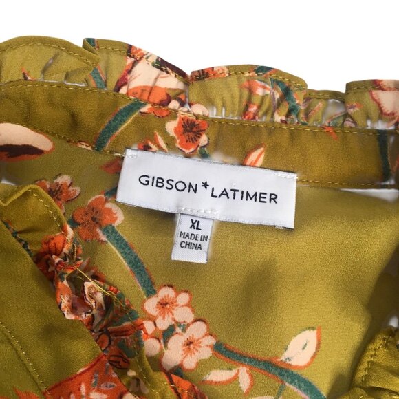 Gibson + Latimer Blouse Womens XL Green Floral Ruffle Cuff Mock Neck Boho Top - Picture 7 of 15